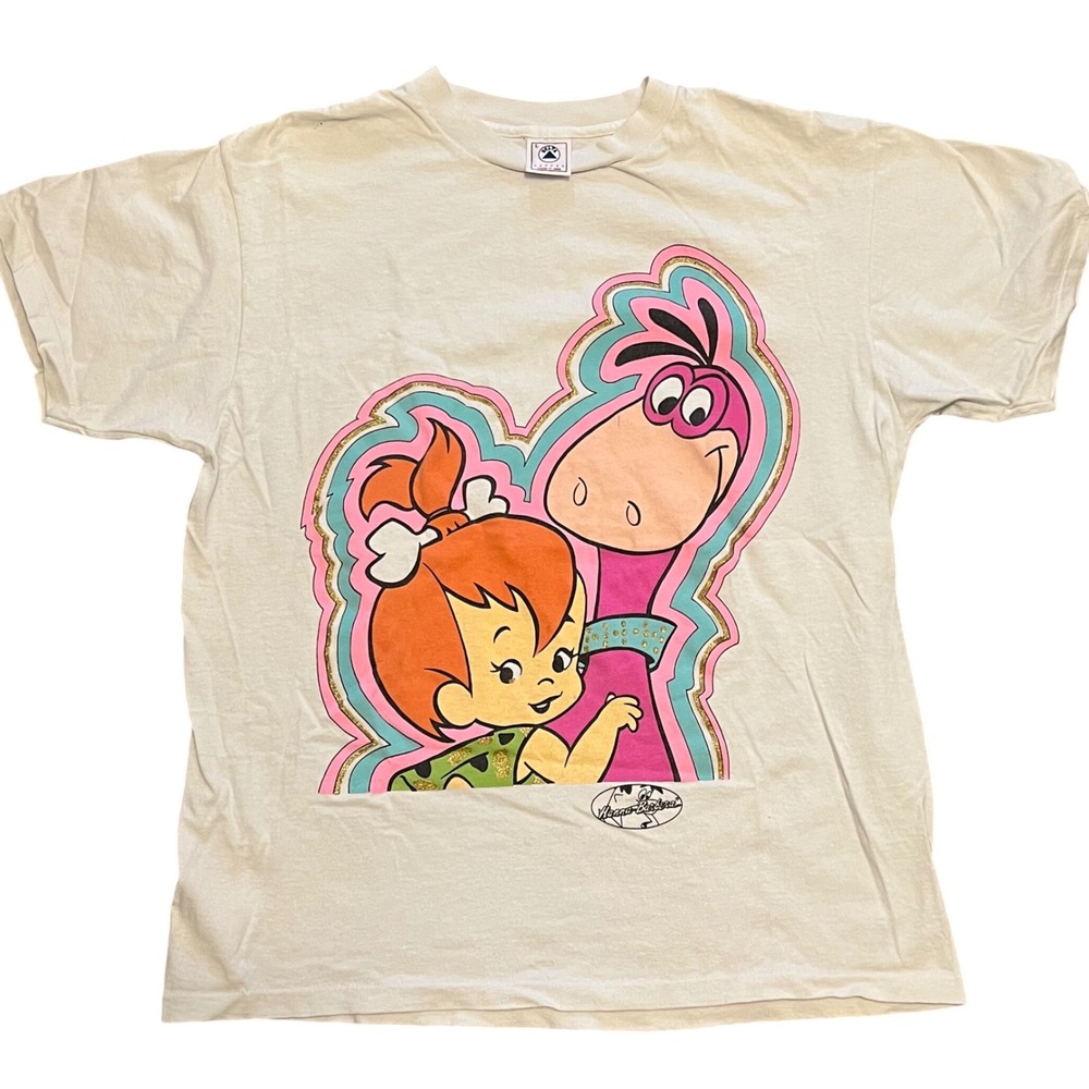 Vintage 90s Pebbles Dino T-Shirt White Large Made in USA Hanna Barbera